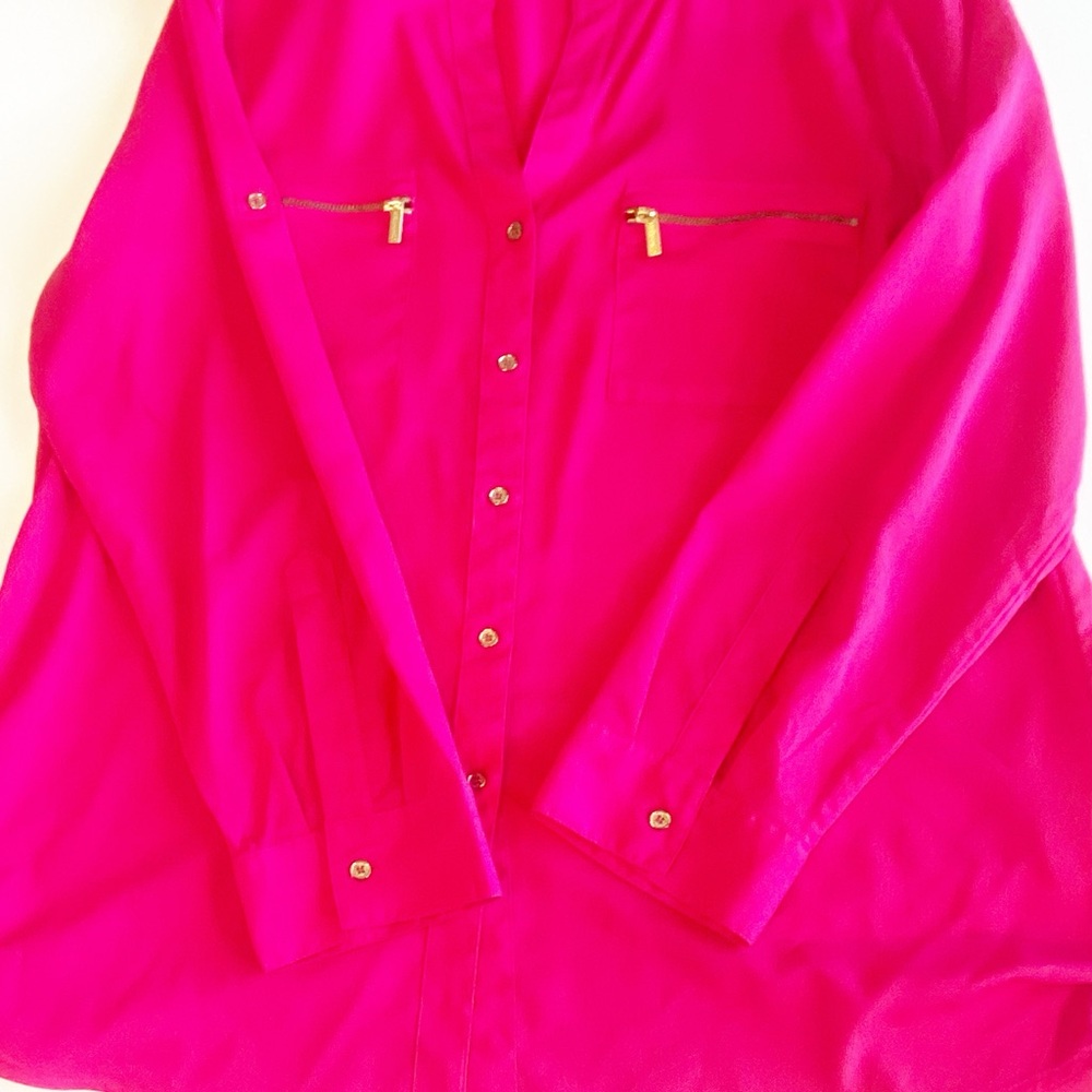 Calvin Klein Hot Pink Zip-Pocket Roll-Tab Sleeve Blouse | XL - Picture 3 of 10